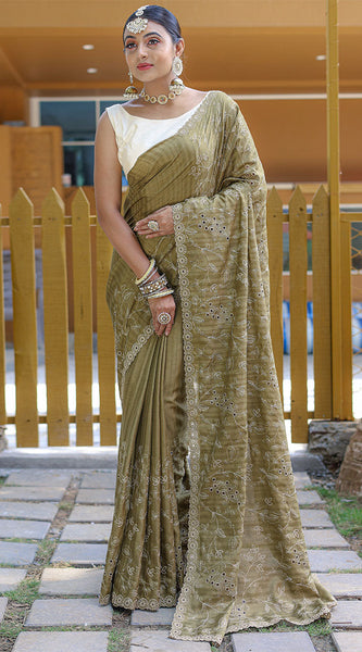 Blooming Mehandi Embroidery Work Soft Silk Saree With Captivating Blouse Piece