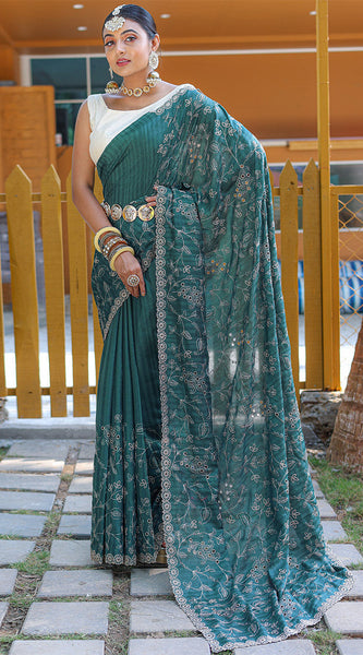 Beauteous Rama Embroidery Work Soft Silk Saree With Ideal Blouse Piece