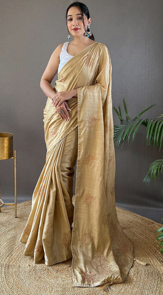 Vivacious Beige Embroidery Work Soft Silk Saree With Pulsating Blouse Piece