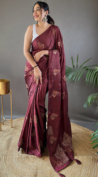 Ravishing Brown Embroidery Work Soft Silk Saree With Resonant Blouse Piece