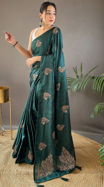 Panache Dark Green Embroidery Work Soft Silk Saree With Jubilant Blouse Piece