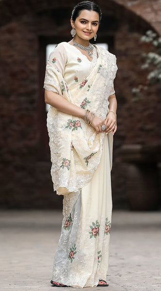 Twirling Beige Embroidery Work Chiffon Silk Saree With Brood Blouse Piece