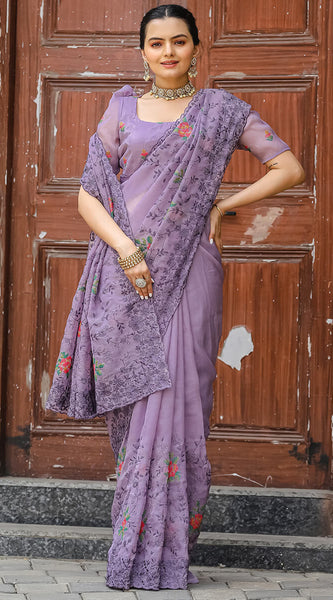 Resonant Lavender Embroidery Work Chiffon Silk Saree With Mellifluous Blouse Piece