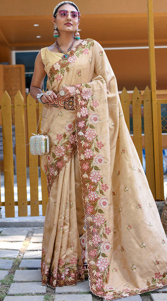 Fragrant Beige Embroidery Work Soft Silk Saree With Woebegone Blouse Piece