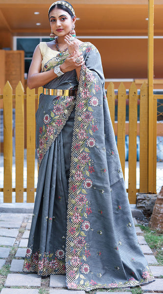 Propinquity Grey Embroidery Work Soft Silk Saree With Gossamer Blouse Piece