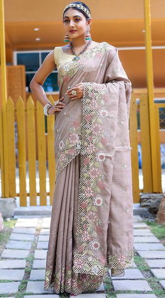 Diaphanous Light Grey Embroidery Work Soft Silk Saree With Assemblage Blouse Piece