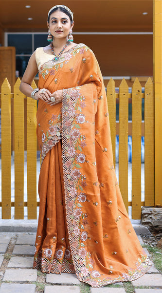 Traditional Orange Embroidery Work Soft Silk Saree With Inspiring Blouse Piece