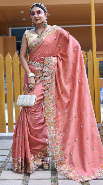 Mesmeric Peach Embroidery Work Soft Silk Saree With Adorable Blouse Piece