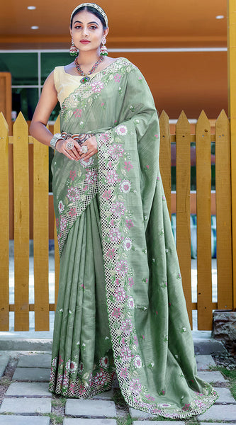 Sophisticated Teal Green Embroidery Work Soft Silk Saree With Classy Blouse Piece