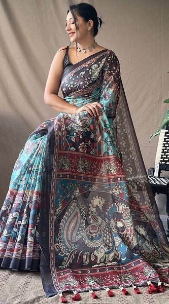 Demesne Firozi Kalamkari Printed Saree With Sumptuous Blouse Piece