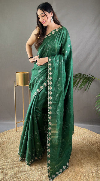 Sizzling Dark Green Embroidery Work Soft Silk Saree With Intricate Blouse Piece