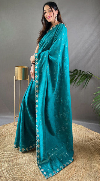 Groovy Firozi Embroidery Work Soft Silk Saree With Stunner Blouse Piece