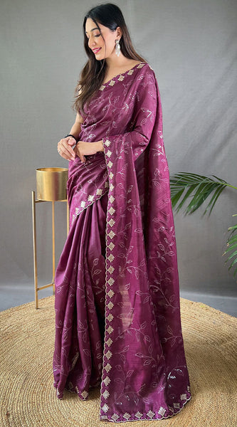 Energetic Wine Embroidery Work Soft Silk Saree With Deserving Blouse Piece