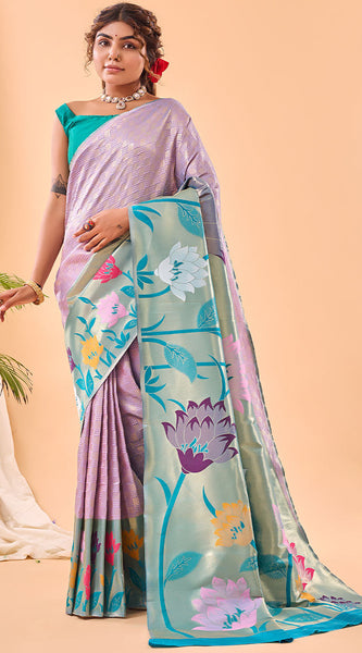 Conflate Lavender Paithani Silk Saree With Lissome Blouse Piece