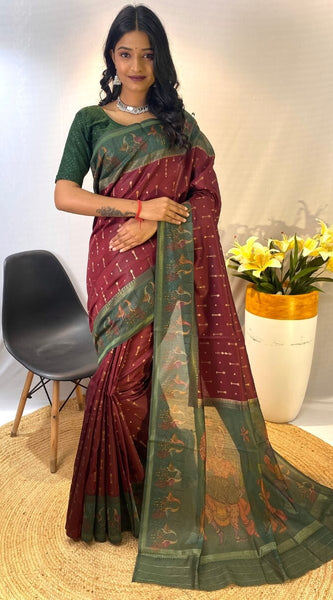 Surpassing Maroon Printed Soft Chanderi Silk Saree With Gratifying Blouse Piece