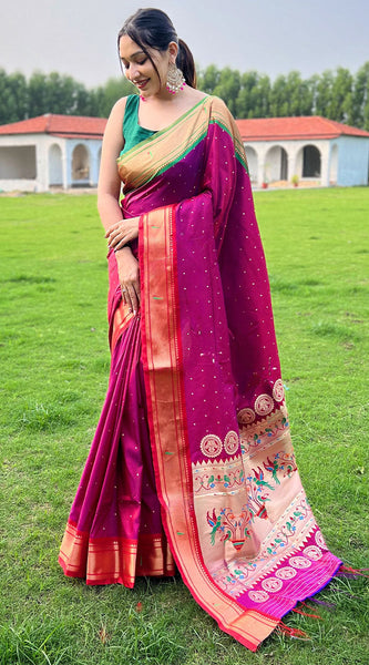 Demanding Dark Pink Paithani Silk Saree With Surpassing Blouse Piece