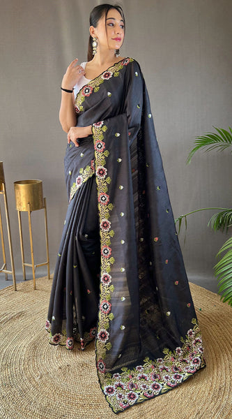 Jazzy Black Embroidery Work Tussar Silk Saree With Girlish Blouse Piece