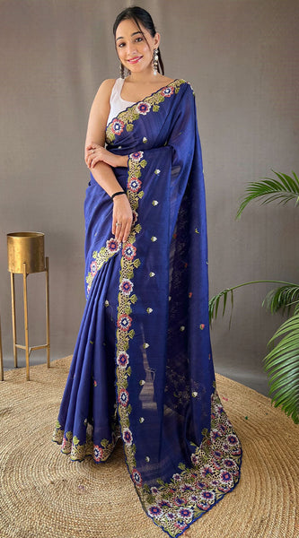 Amazing Blue Embroidery Work Tussar Silk Saree With Skinny Blouse Piece