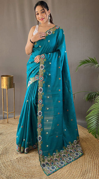 Traditional Firozi Embroidery Work Tussar Silk Saree With Demure Blouse Piece