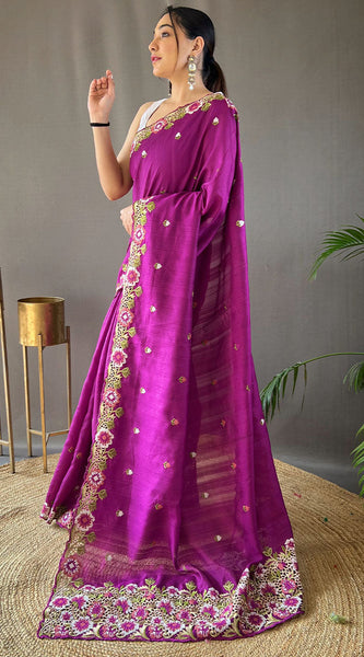 Redolent Purple Embroidery Work Tussar Silk Saree With Splendiferous Blouse Piece