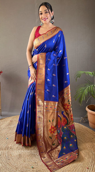 Desultory Royal Blue Paithani Silk Saree With Embrocation Blouse Piece