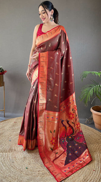 Staggering Wine Paithani Silk Saree With Incredible Blouse Piece