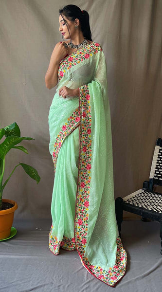 Murmurous Pista Sequence Work Georgette Saree With Dalliance Blouse Piece
