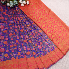 Royal Violet Banarasi Soft Silk Saree with Red Zari Border and Multicolor Floral Weaves