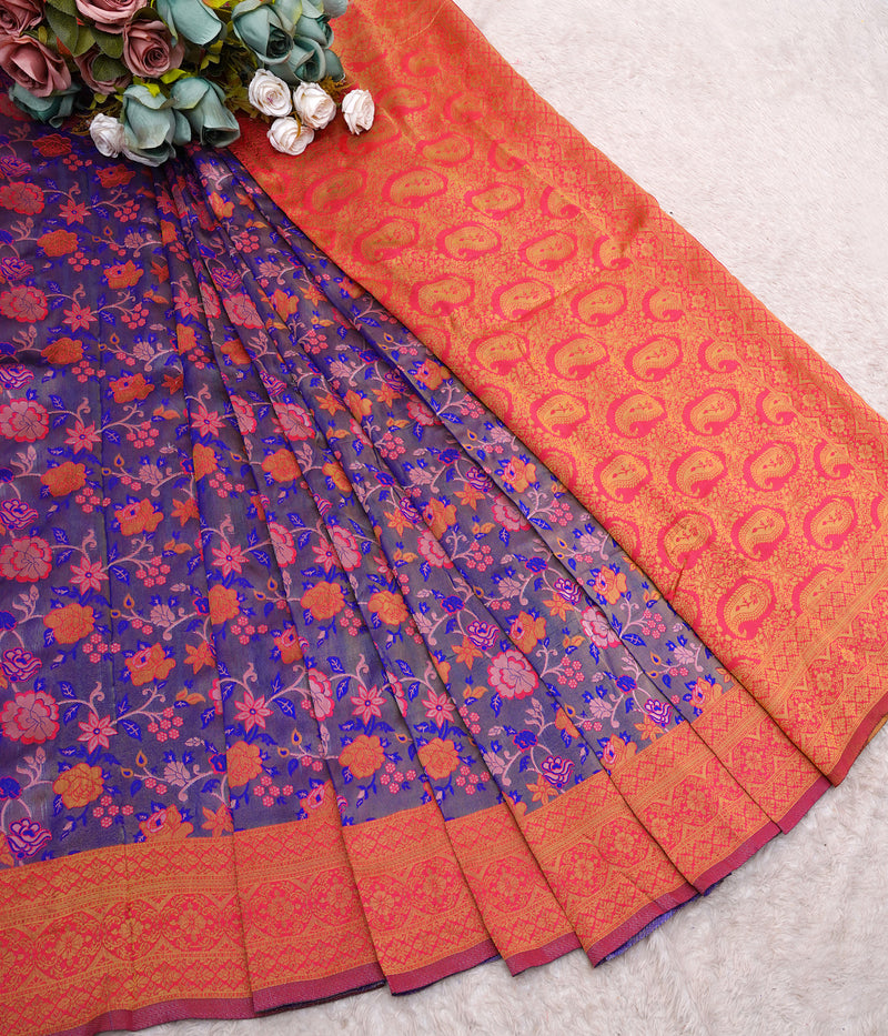 Royal Violet Banarasi Soft Silk Saree with Red Zari Border and Multicolor Floral Weaves