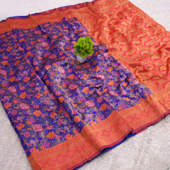Royal Violet Banarasi Soft Silk Saree with Red Zari Border and Multicolor Floral Weaves