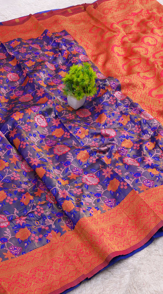 Royal Violet Banarasi Soft Silk Saree with Red Zari Border and Multicolor Floral Weaves