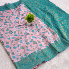 Elegant Pastel Pink Soft Silk Saree with Teal Blue Zari Border and Floral Weaves
