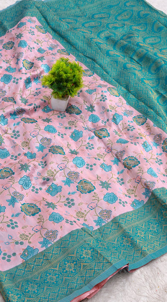 Elegant Pastel Pink Soft Silk Saree with Teal Blue Zari Border and Floral Weaves