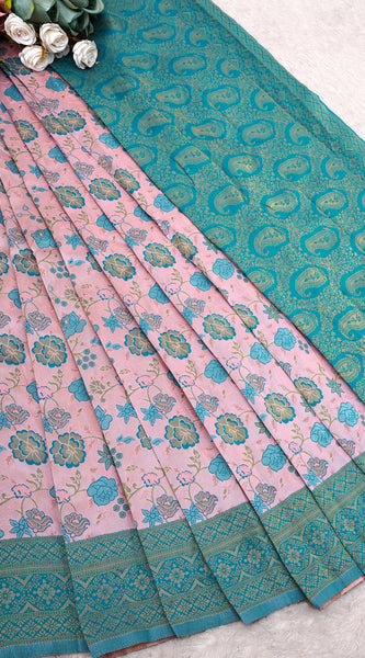 Elegant Pastel Pink Soft Silk Saree with Teal Blue Zari Border and Floral Weaves