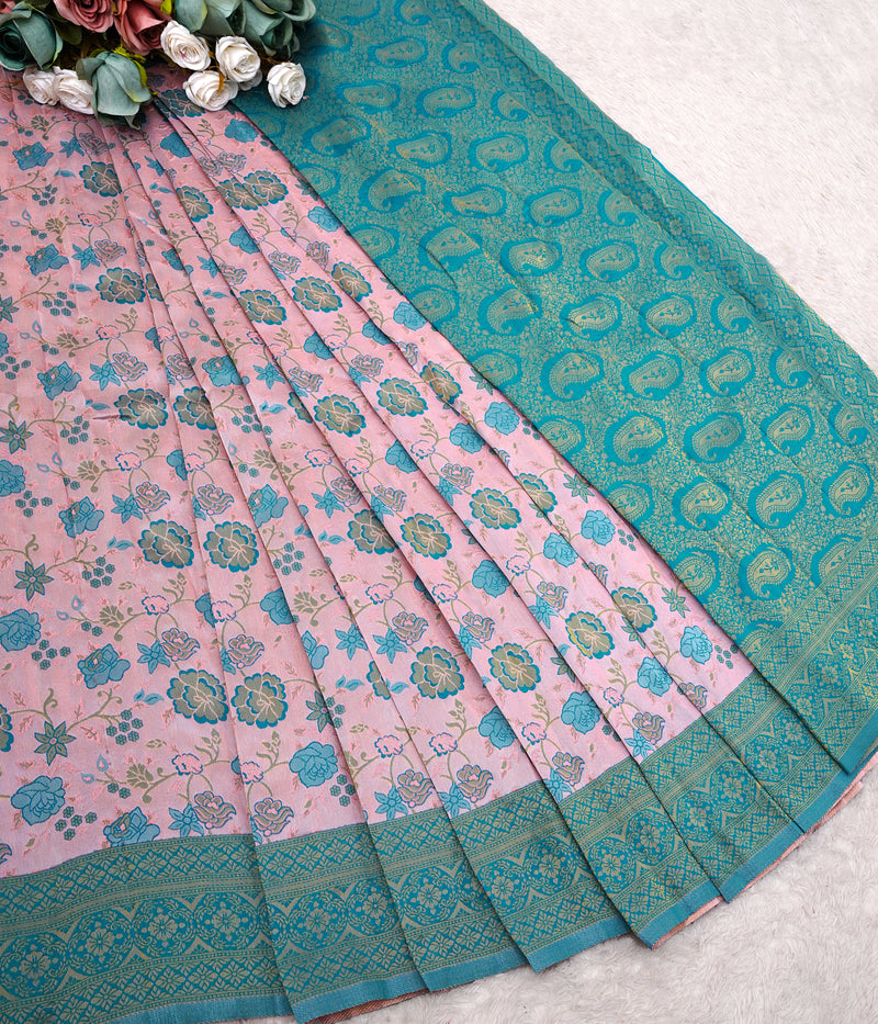 Elegant Pastel Pink Soft Silk Saree with Teal Blue Zari Border and Floral Weaves