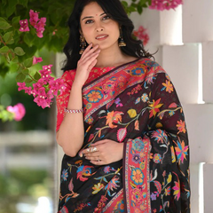 Printed Banarasi Silk Saree with Heavy Zari Brocade Black