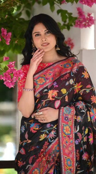 Printed Banarasi Silk Saree with Heavy Zari Brocade Black