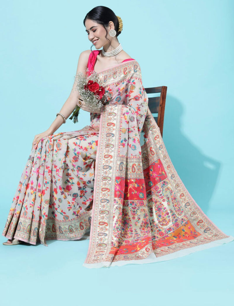 Wedding Special Banarasi Silk Saree with Zari Work white