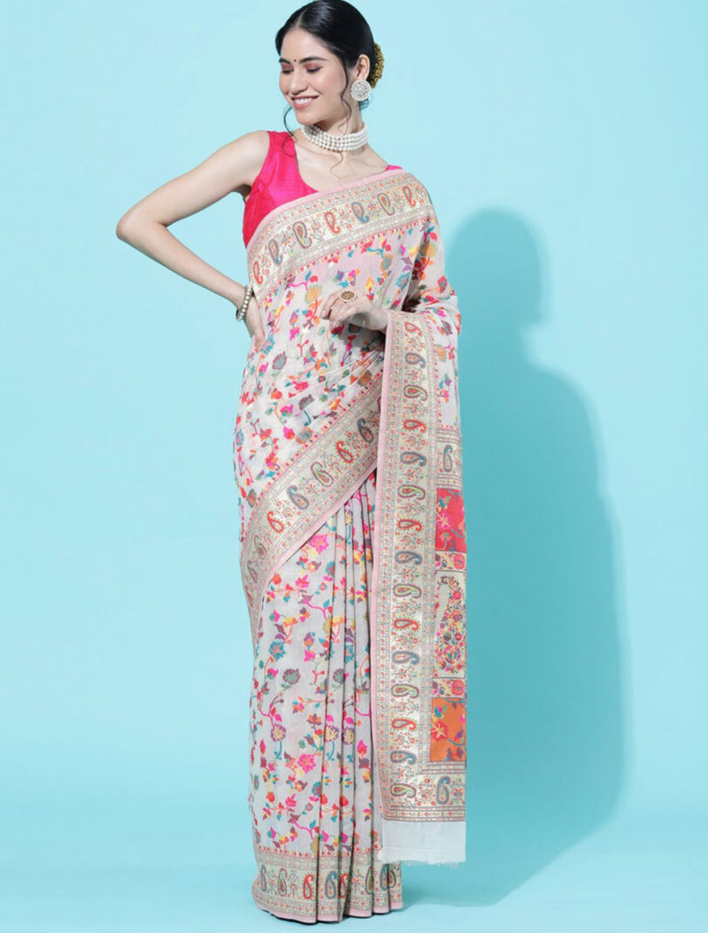 Wedding Special Banarasi Silk Saree with Zari Work white