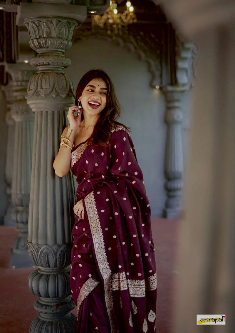 Elegant Banarasi Silk Saree with Gold Zari Embellishments Wine