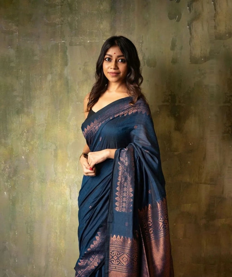 Extraordinary Blue Soft Silk Saree With Intricate Blouse Piece
