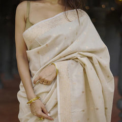 Elegant Banarasi Silk Saree with Gold Zari Embellishments Cream