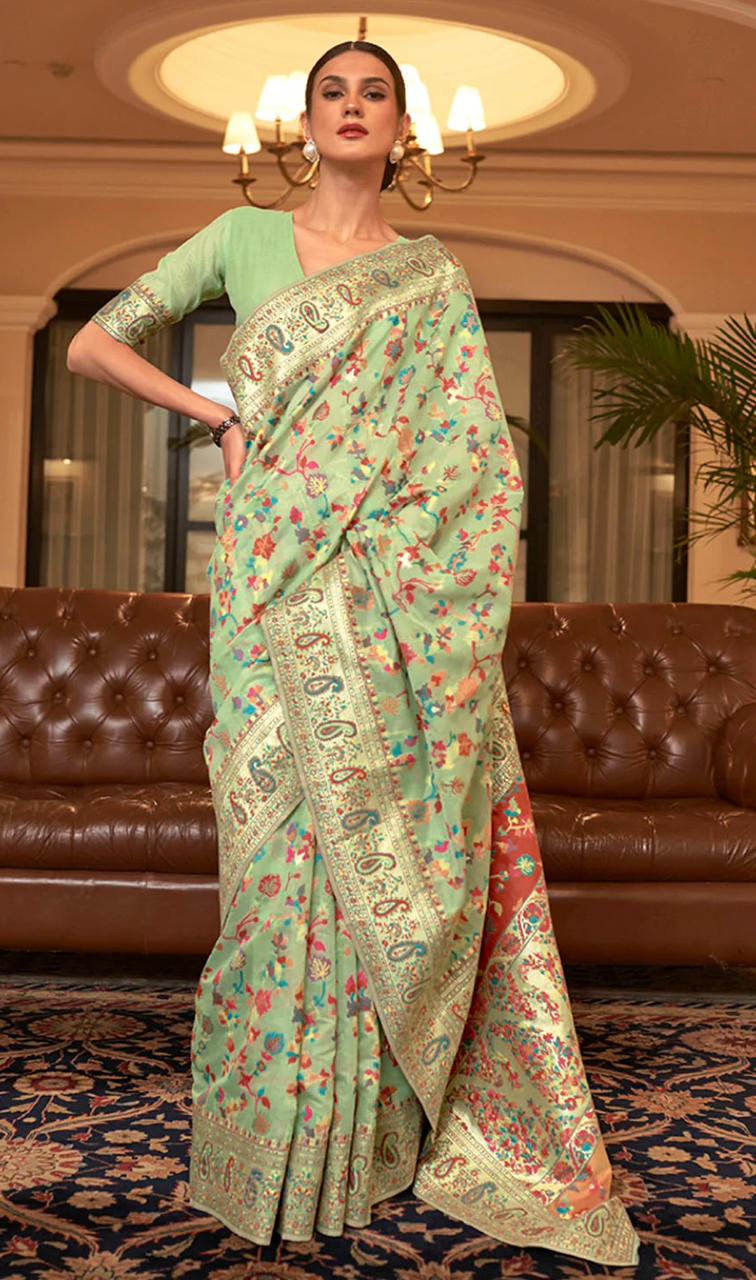 Wedding Special Banarasi Silk Saree with Zari Work Pasta Green