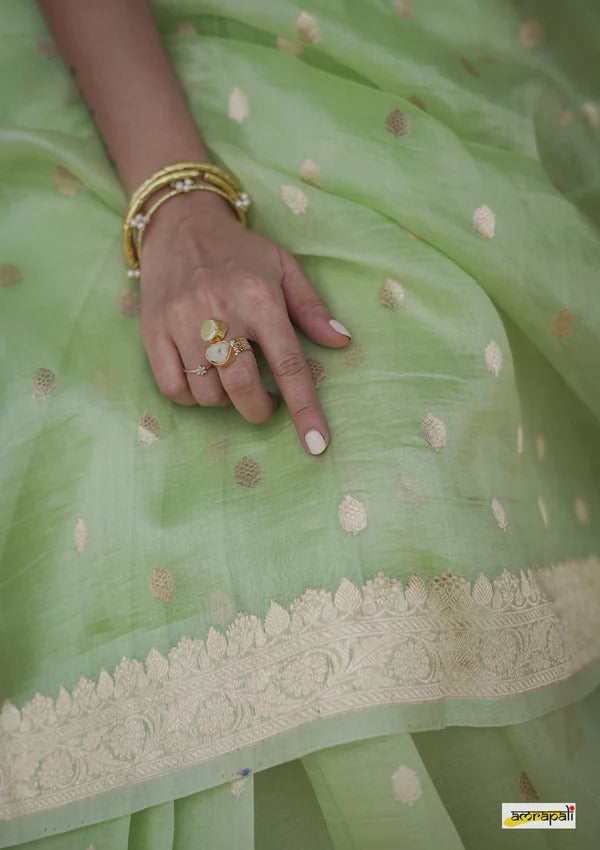 Elegant Banarasi Silk Saree with Gold Zari Embellishments Pista Green