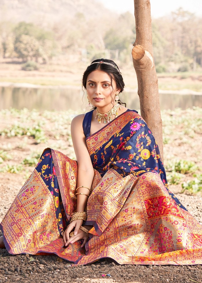 Elegant Banarasi Silk Saree with Zari Border & Pallu Blue