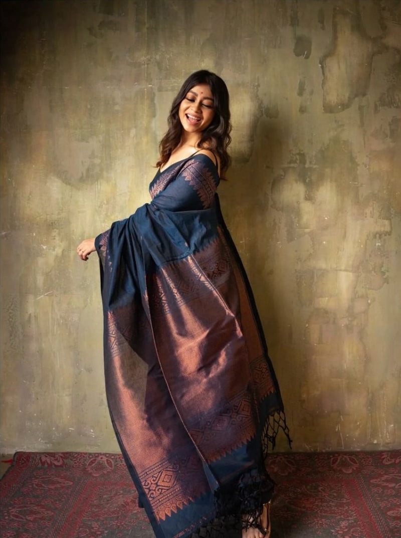 Extraordinary Blue Soft Silk Saree With Intricate Blouse Piece