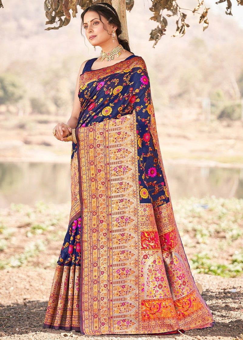 Elegant Banarasi Silk Saree with Zari Border & Pallu Blue
