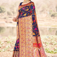 Elegant Banarasi Silk Saree with Zari Border & Pallu Blue