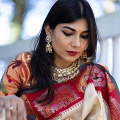 Pure Banarasi Silk Saree with Intricate Weaving White with red Big Border