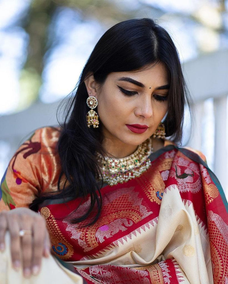 Pure Banarasi Silk Saree with Intricate Weaving White with red Big Border